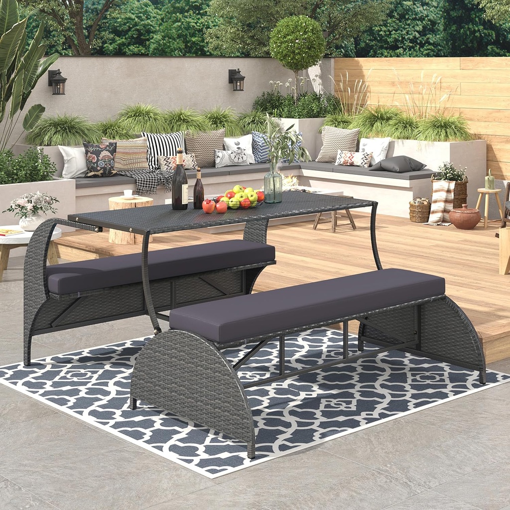Modern Patio Dining Set, Outdoor Loveseat and Convertible to Four Seats and a Table, Outdoor Furniture Set for Gardens and Lawns (Gray/Unique)