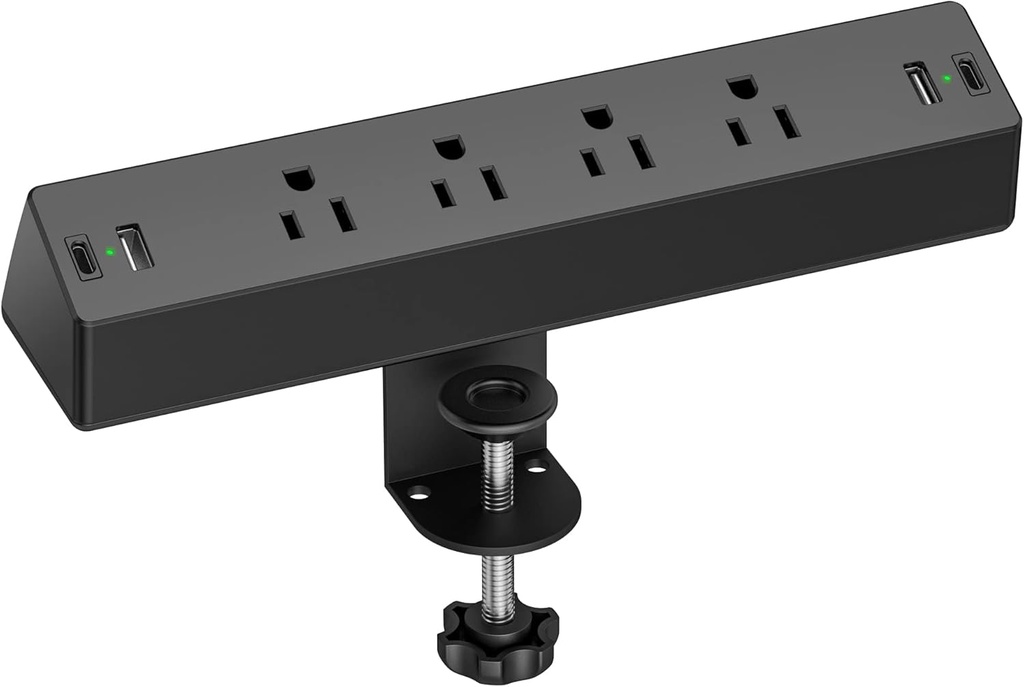 Desk Clamp Power Strip, 1875W Surge Protectors with 2 USB A, 2 USB C Ports, 4 AC Outlets, Desk Mount Charging Station, Fit 1.7 inch Tabletop Edge Thick, Desktop Outlets for Home Office.