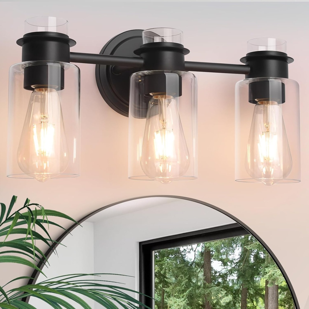 3-Light Bathroom Vanity Light Fixture over Mirror, Matte Black Modern Wall Sconces, Clear Glass Shade & Rustproof Design for Bathroom, Bedroom, Hallway Lighting, E26 Base (Bulbs Not Included)