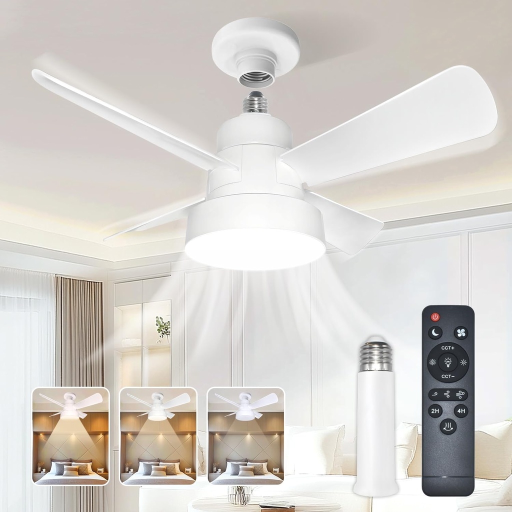 LED Socket Fan Light- Remote Control- White- Ceiling Fan with Dimmable Bulb- Bright Light and Powerful Airflow for Small Room Essentials- Bathroom Bedroom Kitchen Laundry- Screw in E26 Base