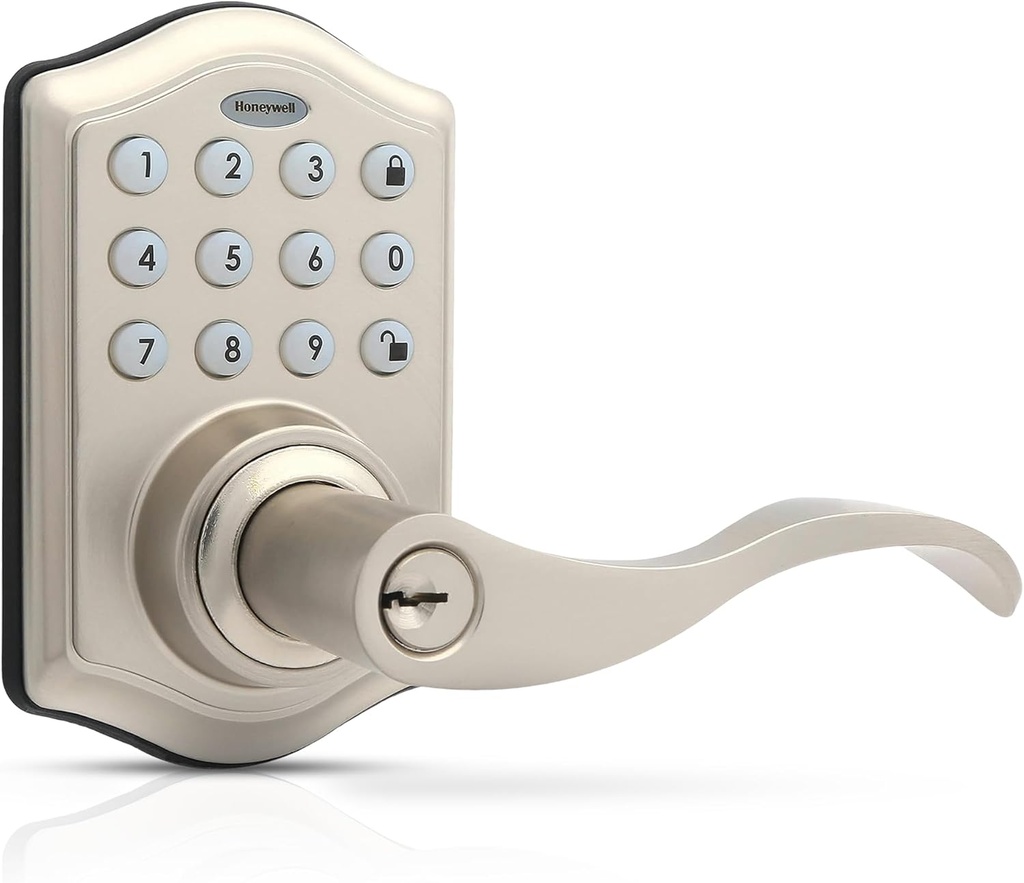 Honeywell Safes & Door Locks - Keyless Entry Lever Door Lock Handle with Electronic Keypad - Easy to Install for Front Door Lock with Code - 50 User Pin Codes - Satin Nickel, 6.5 x 8.8 x 9 in, 8734301