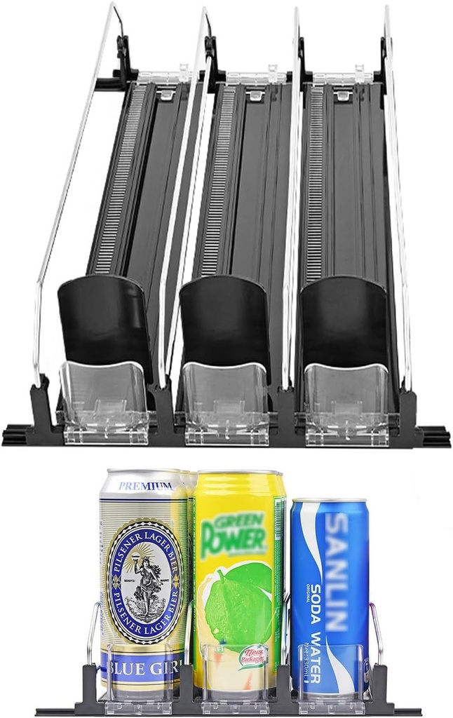 15" Black Drink Organizer for Fridge 3 Rows, Soda Can Dispenser for Refrigerator Adjustable Width, Self-Pushing Can Storage for Refrigerator Pantry Bottle Kitchen Freezer Organization