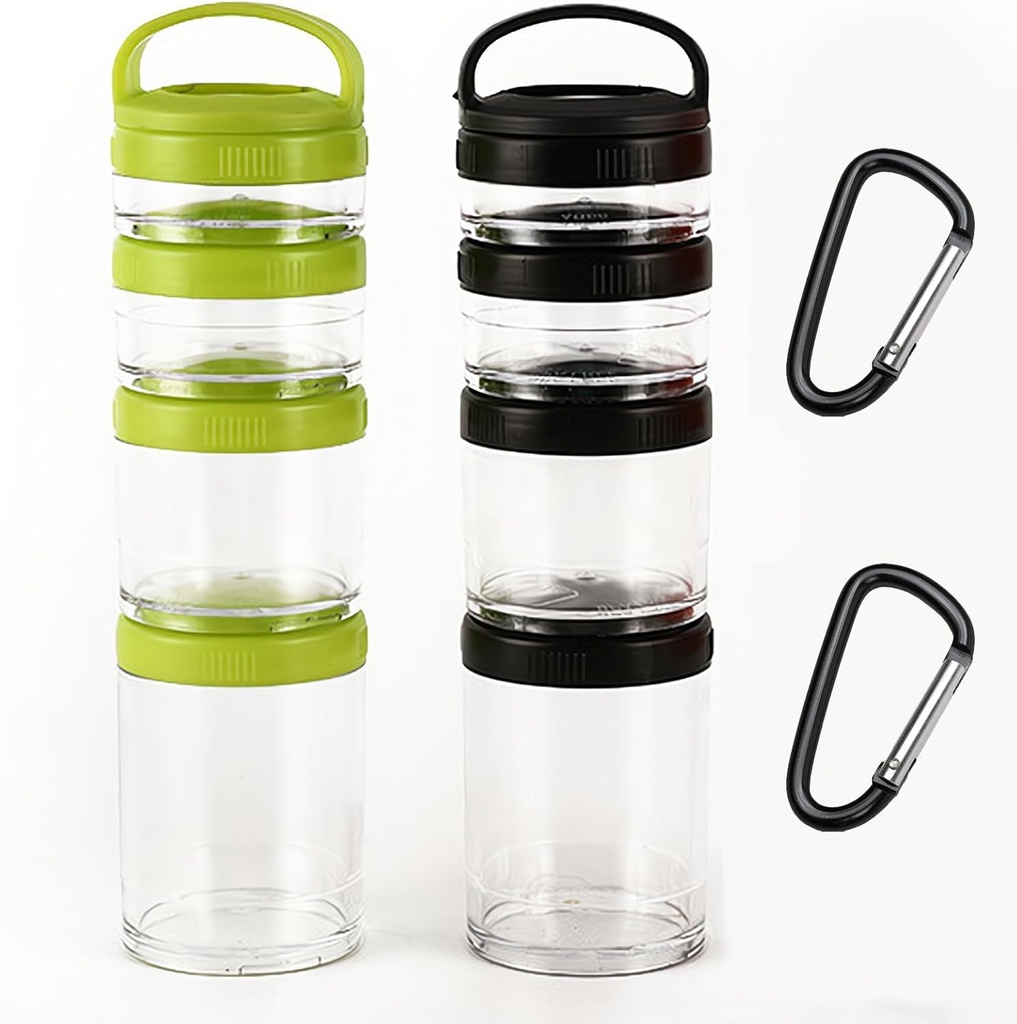 2PCS Stackable Snack Container and Protein Powder Shaker Cup, Portable Keychain with Twist Lock System, Leak-proof for School, Travel, Workout Fitness (Black, Green) Small size
