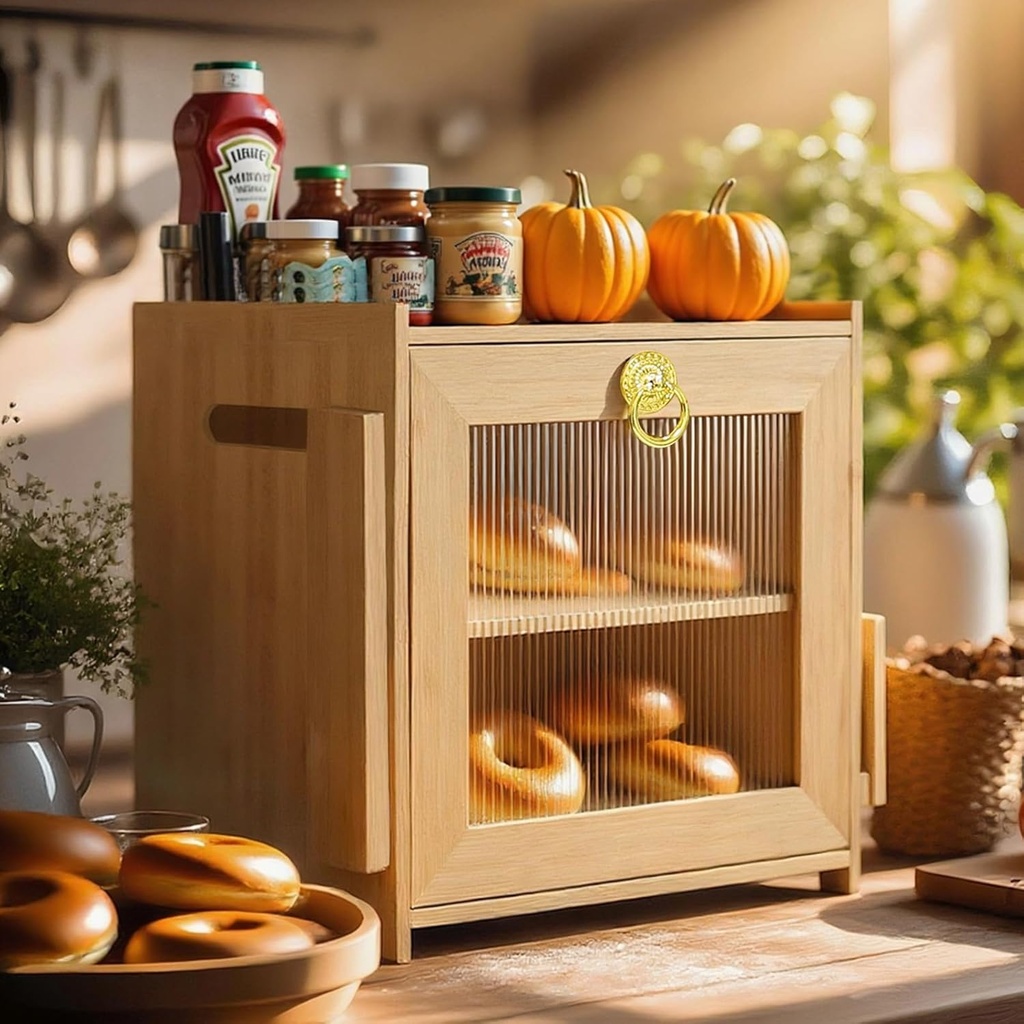Double Layer Bamboo Bread Box with Glass Window – Large Rustic Farmhouse Bread Storage Bin for Countertop – Adjustable Shelf, Air Vents, Knife Slot – Fits 2+ Loaves (Circle Ring)
