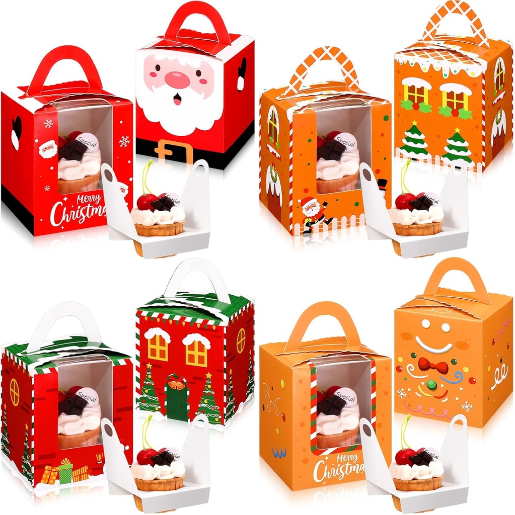 TaoBary 24 Pcs Christmas Cupcake Christmas Cookie Boxes with Window Insert Handle Muffin Pastry Holder Xmas Cupcake Gift Box Bakery Treat Boxes for Christmas Party(Gingerbread)