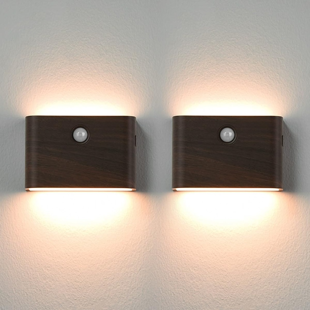 Rechargeable Motion Sensor Night Light, Magnetic Stick-On LED, Cordless, Auto On/Off, Warm Light, Perfect for Hallway, Closet, Bathroom, Stairway, Kitchen (Wood Grain, 2)