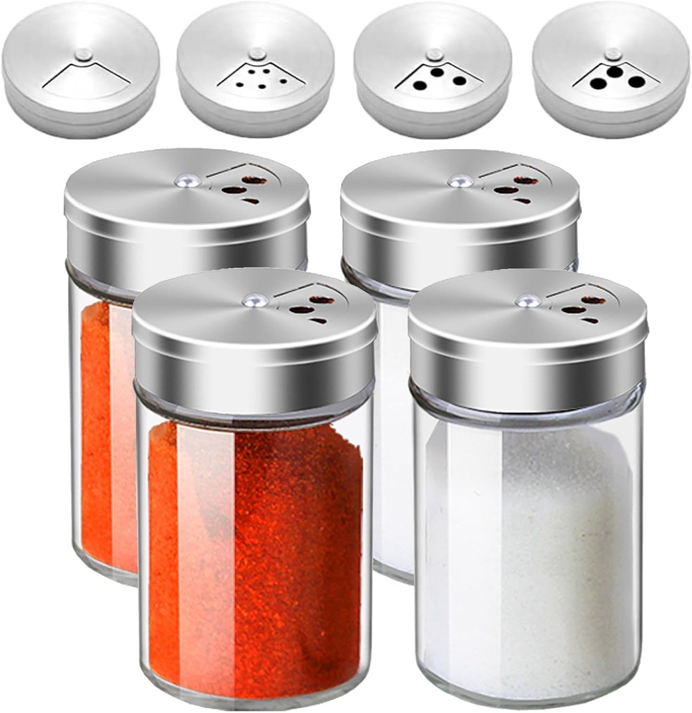 4pcs Salt and Pepper Shakers Set 3oz Glass Seasoning Containers with Adjustable Pour Holes for Table Salt Spice Dispenser