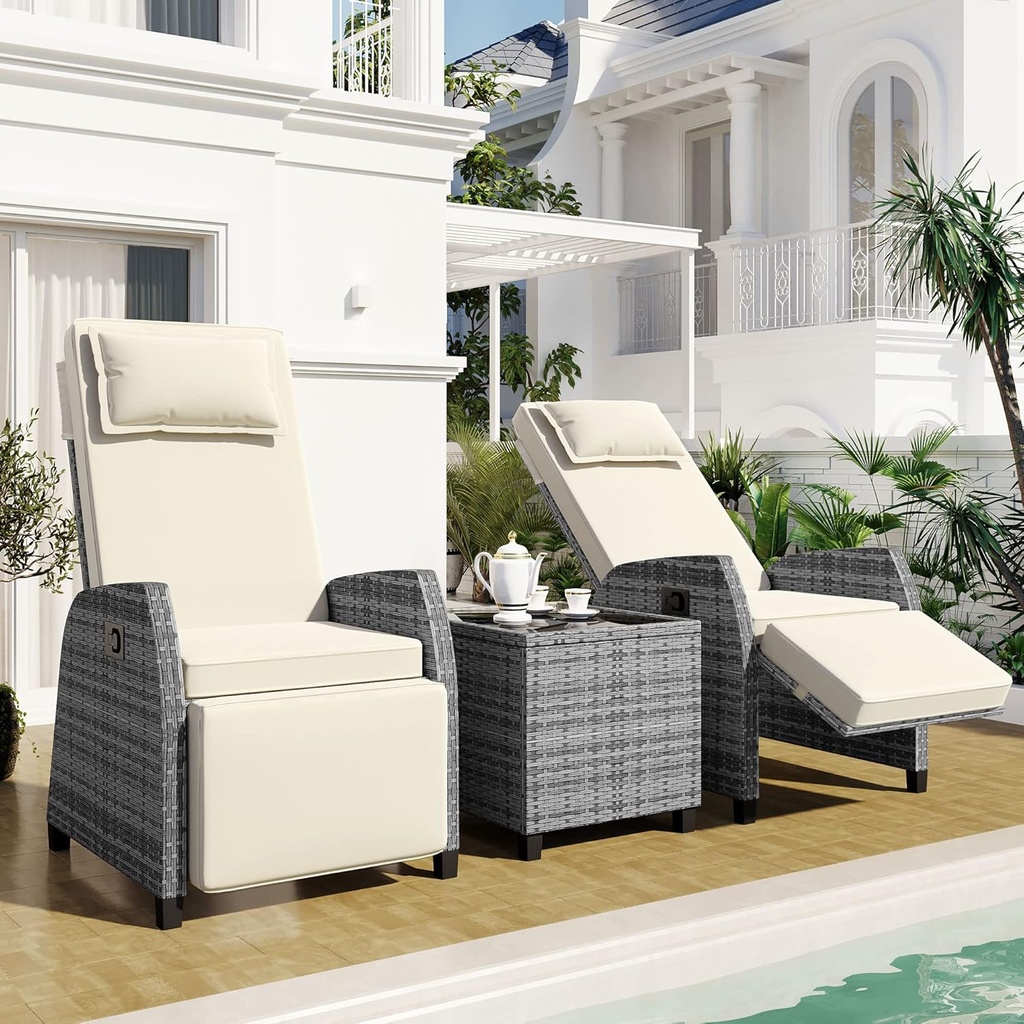 Outdoor Recliners Chair Set of 2 for Patio with Wicker Coffee Table, Comfort Cushion, Adjustable Angle Weatherproof Reclining Chairs for Courtyard, Swimming Pool, Balcony (Beige)