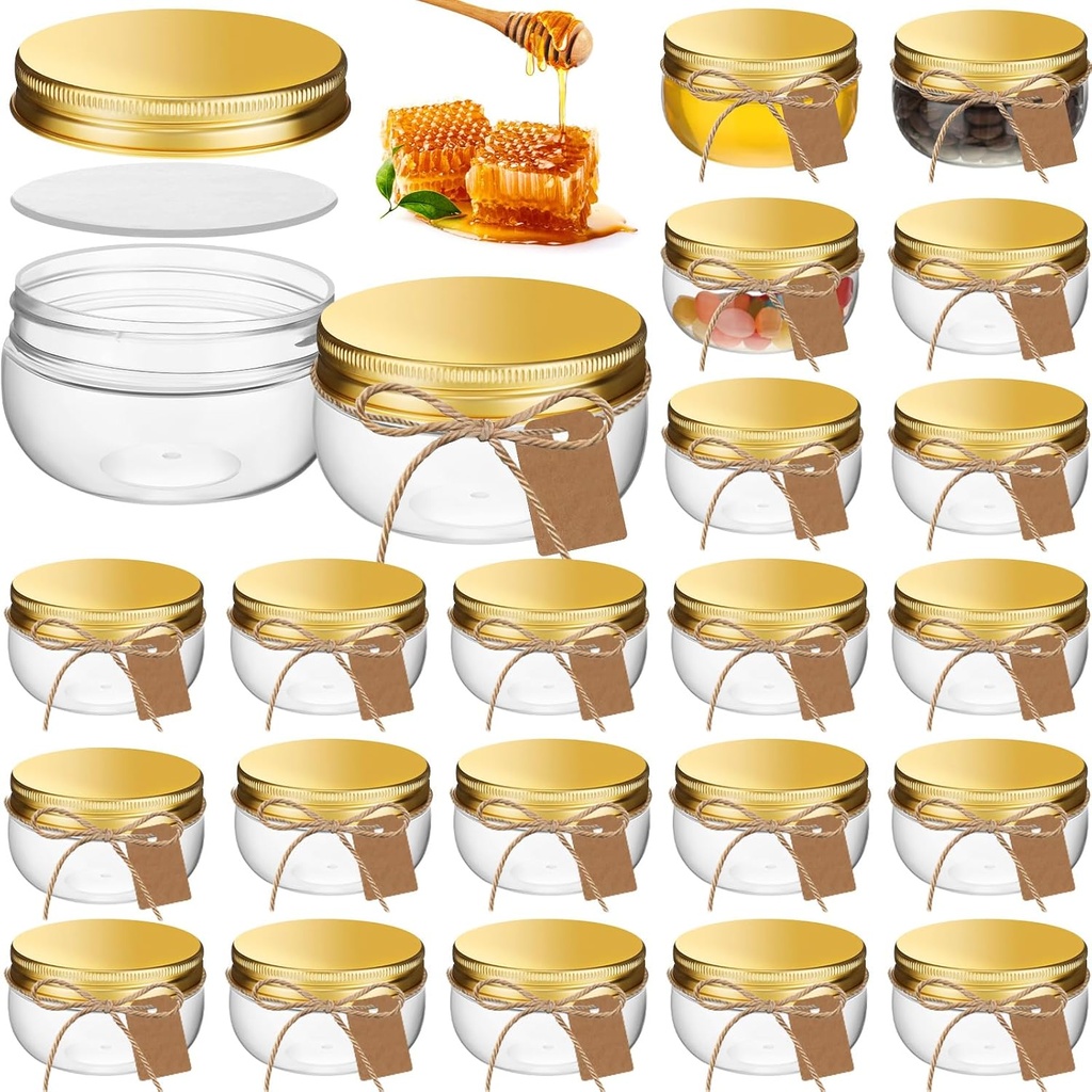 Suclain 24 Pcs 3 oz Mini Wide Mouth Plastic Jars with Lids Small Canning Yogurt Jars and Tags for Jelly, Jams, Honey, Spice, Wedding Favors. Included 1 Roll of Rope and 60 Labels(Gold)