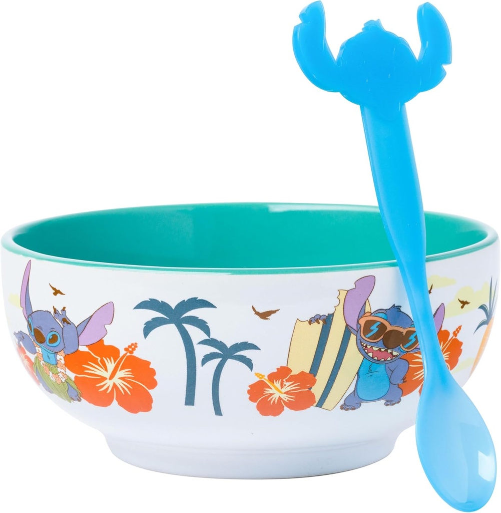 Silver Buffalo Disney Lilo and Stitch Tropical Ceramic Bowl with Color Changing Spoon Featuring Stitch, 28 Ounces