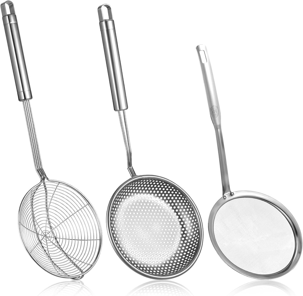 Spider Strainer & Skimmer Spoon Set, 3-Piece Stainless Steel Ladle Metal Wire Sieve Large Holes Slotted Colander Fryer Scoop Fine Mesh Strainers with Long Handle, Food Sifter for Kitchen Cooking