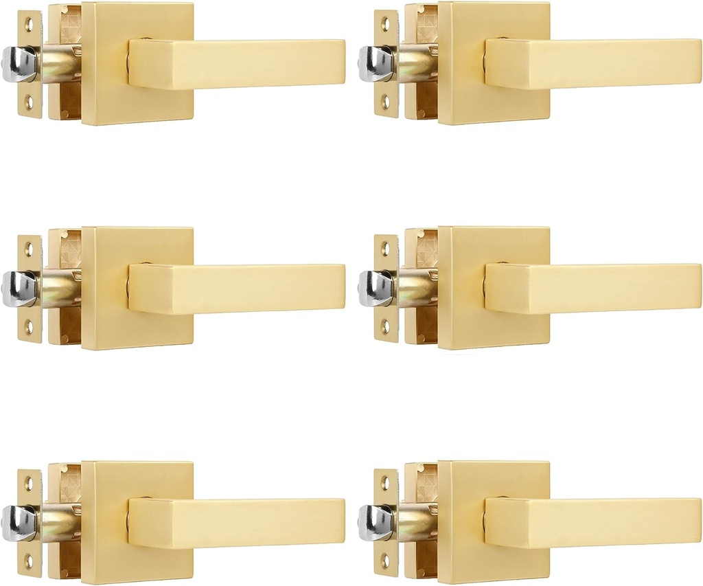 6 Pack Passage Door Lever Square Gold Door Handles in Stain Brass,Contemporary Modern Design Door Lock for Hall or Closet