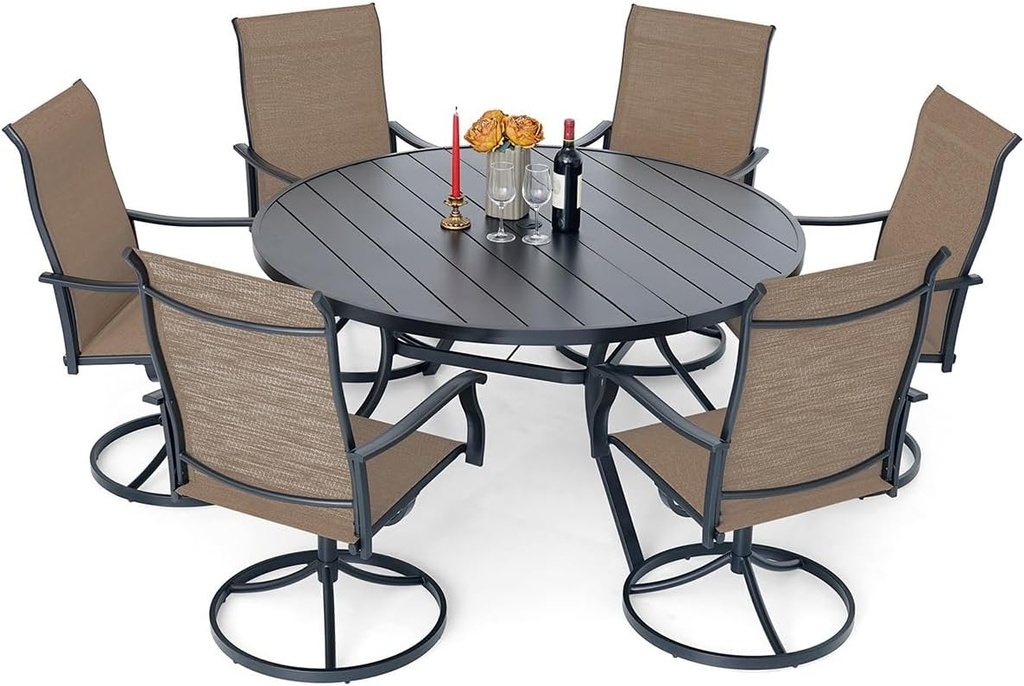 Extra Large Round Patio Dining Table, Swivel Chairs Set of 7 with 1 Metal Table 58 inch and 6 Piece Yellow Textilene Retro Armrest Swivel Dining Chairs for 6 Person Outdoor Furniture