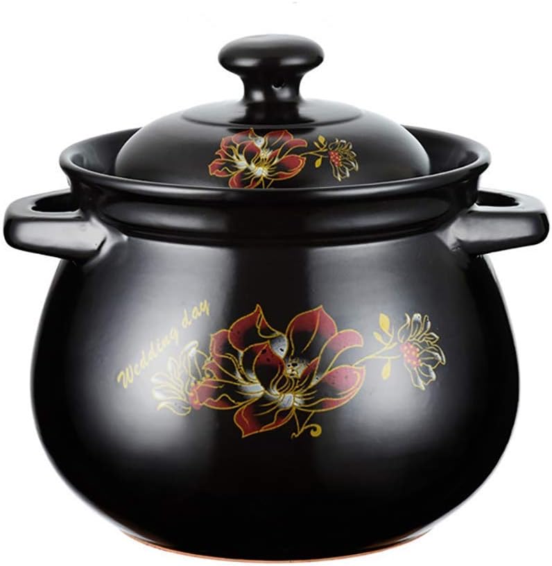 Deep Ceramic Casserole, Flower Pattern Clay Pot Clay Pot Soup Pot with Lid Healthy Slow Cooker Heat Resistant Pot Black 7.4 Quart (Black 4 Quart) (Black 1.74Quart)