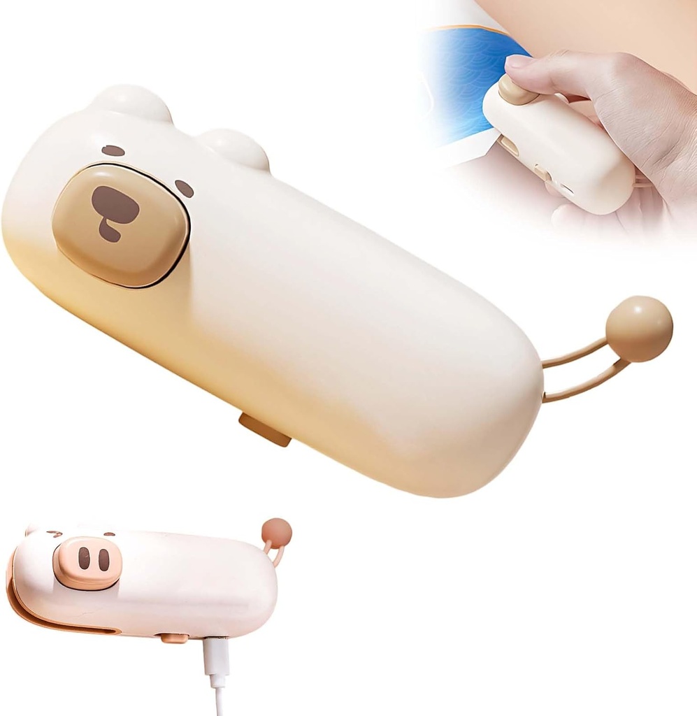 Mini Bag Sealer, 2025 Upgraded Bag Sealer USB Rechargeable Bag Sealers, 2 in 1 Bag Sealers Heat Seal with Cutter and Sealing, Portable Vacuum Food Sealer for Home Kitchen (1, Coffee Bear)