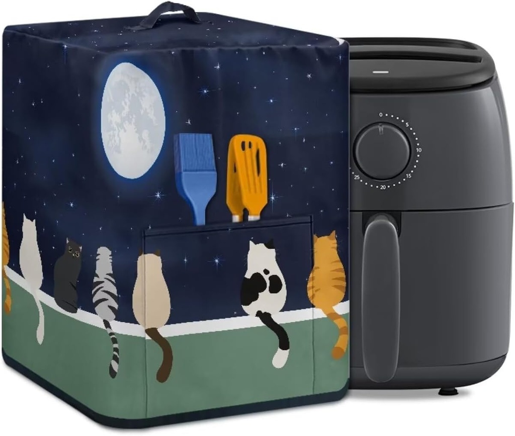 Cat Moon Print Air Fryer Oven Dust Cover, Air Fryer Cover with Pockets and Handle, Kitchen Appliance Protective Cover for Kitchen Counter