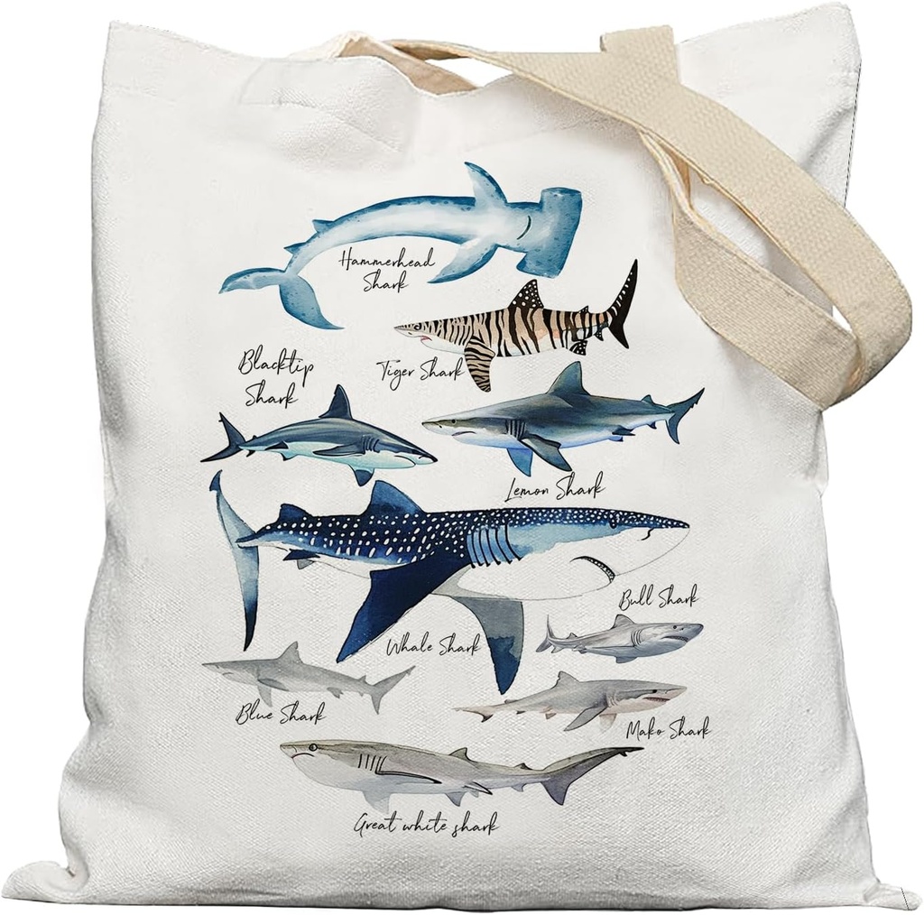 Beach Shark Canvas Tote Bag, Species Themed Gifts for Lovers, Reusable Grocery Bags