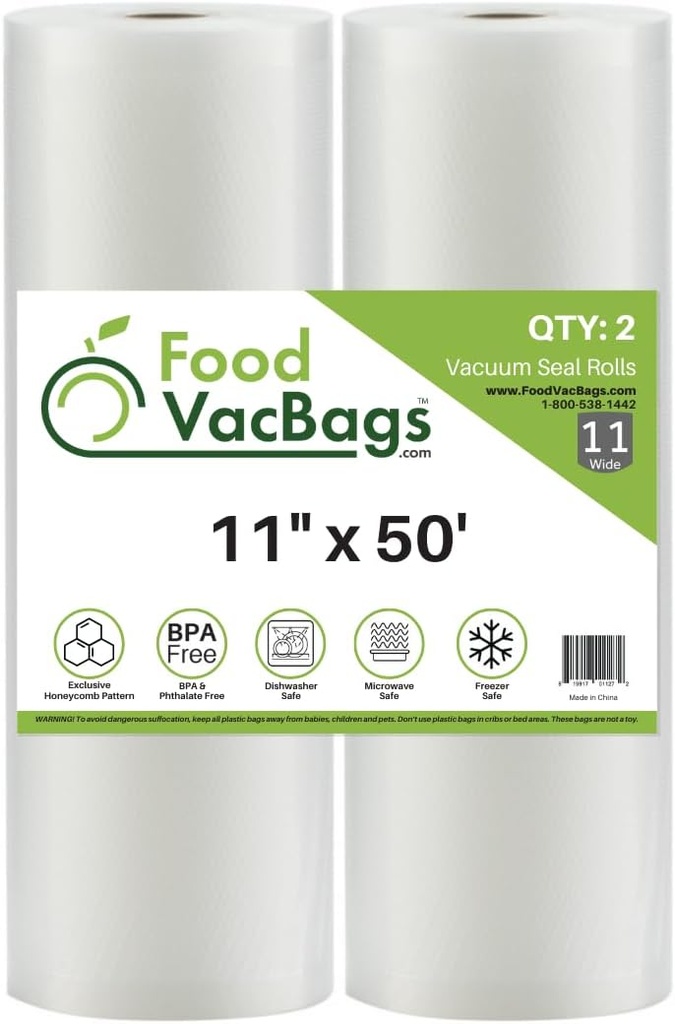 11"x50' FoodVacBags Vacuum Sealer Bags 2 Rolls - Embossed Commercial Grade - Make Your Own Size for Sous Vide or Food Storage - BPA-Free, Heavy-Duty, Meal Prep