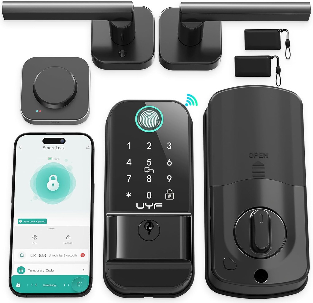 WiFi Keyless Entry Door Lock Handle Set : UYF Smart Front Door Lock,Front Door Handle Set,App Remote Control, Digital Bluetooth Keypad Deadbolt with Alexa Auto Lock for Home Apartment Matte Black