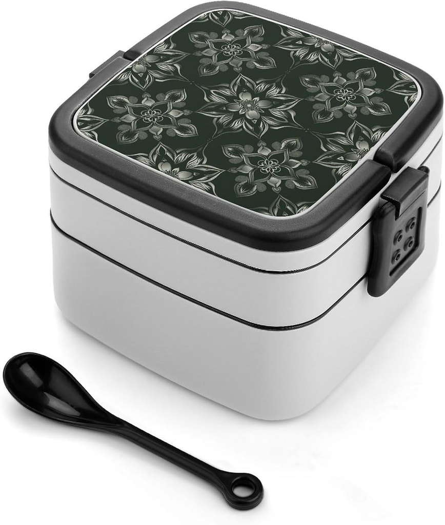With Gray Flowers Bento Box Adult Lunch Box All-in-One Lunch Containers with Removable Compartments Double Layer Bento Lunch Box with Spoon And Handle Stackable Lunchbox