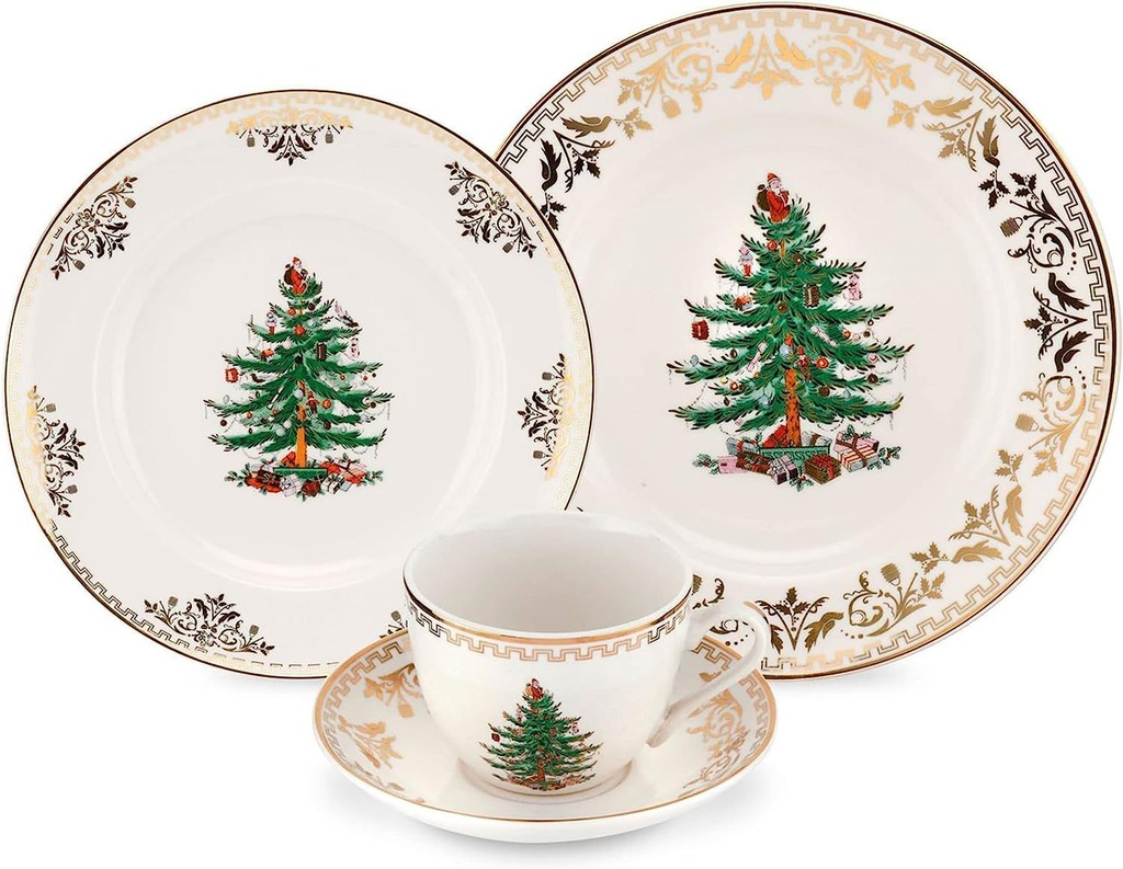 Spode Christmas Tree Gold 4-Piece Holiday Dinnerware Set - Fine Earthenware Tableware with 22K Gold Accents - Dinner Plate, Salad Plate, Teacup & Saucer - Festive Christmas Tableware, Dishwasher Safe