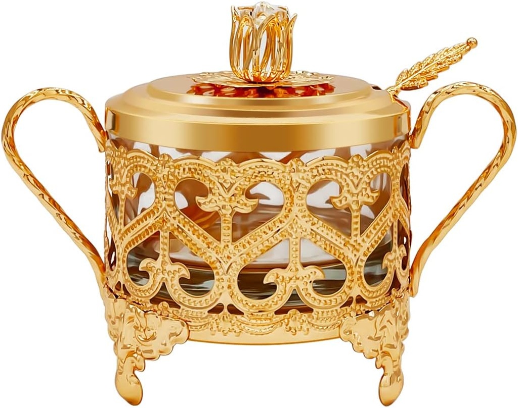 Flylin Sugar Bowl, Turkish Sugar Bowl Sugar with Sugar Spoon and Lid Dual Holder Bowl Condiment Pot Spice Glass Jar Coffee Bar Accessories Sugar Container for Home and Kitchen