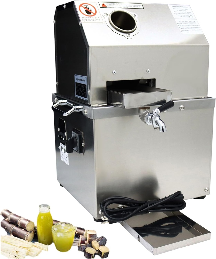Sugar Cane Juicer Electric Sugarcane Press Desktop Sugar Cane Ginger Press Juicer Sugarcane Juice Extractor 3 Stainless Steel Rollers Sugar Cane Juicer Press Machine with 2 Knives 110V