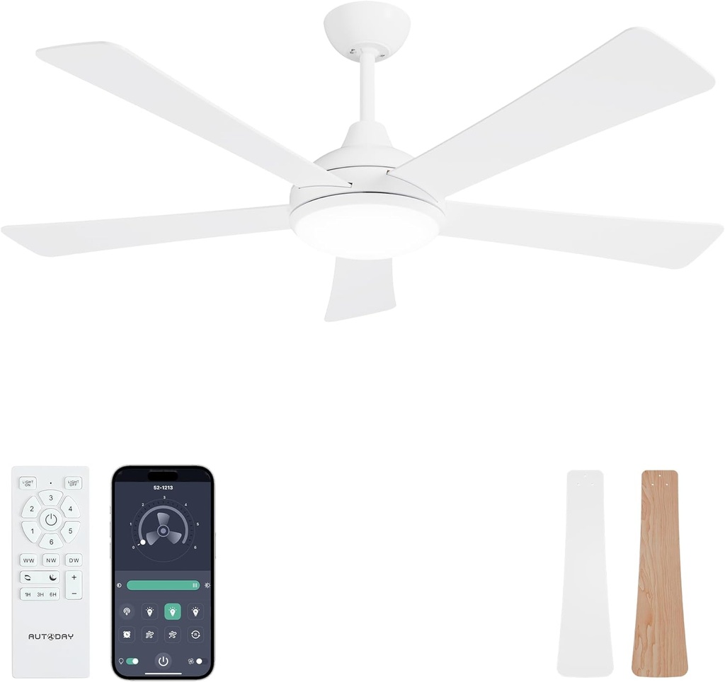 Ceiling Fans with Lights and Remote/App Control: 52 Inch White Ceiling Fan with Light, Quiet Reversible DC Motor, Dimmable Tri-Color LED, Modern Ceiling Fan for Bedroom/Patio, Indoor/Outdoor
