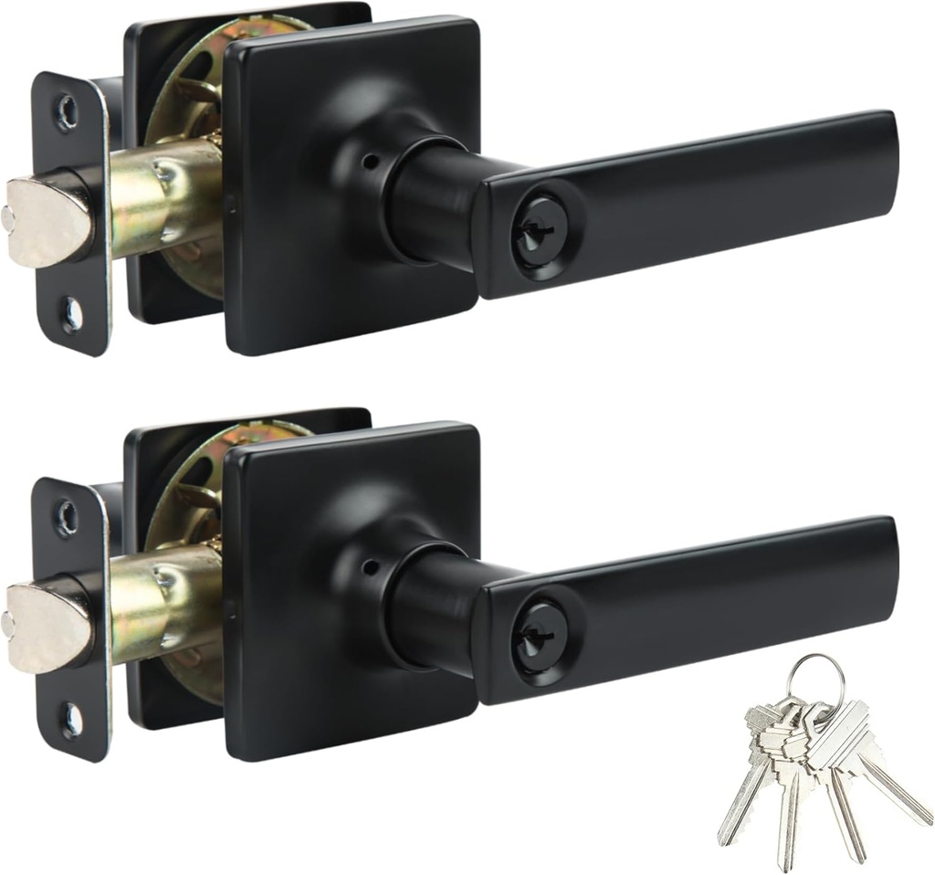 BAOLONG Exterior Door Handle Heavy Duty Keyed Entry Door Lever,2Pack Interior Privacy Door Lever,One Keyway Entry Keyed Alike Same Key Entrance Lockset, Entrance Handleset, Matte Black Finish
