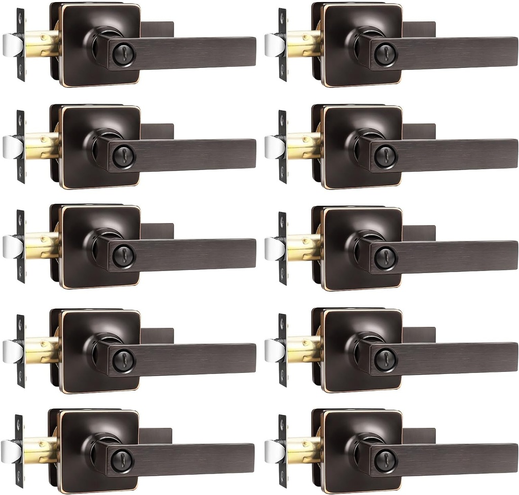 GOBEKOR 10 Pack Privacy Door Levers Bedroom Door Handle with Lock Oil Rubbed Bronze Square Door Handles Keyless Door Lock Straight Bed/Bath Lever