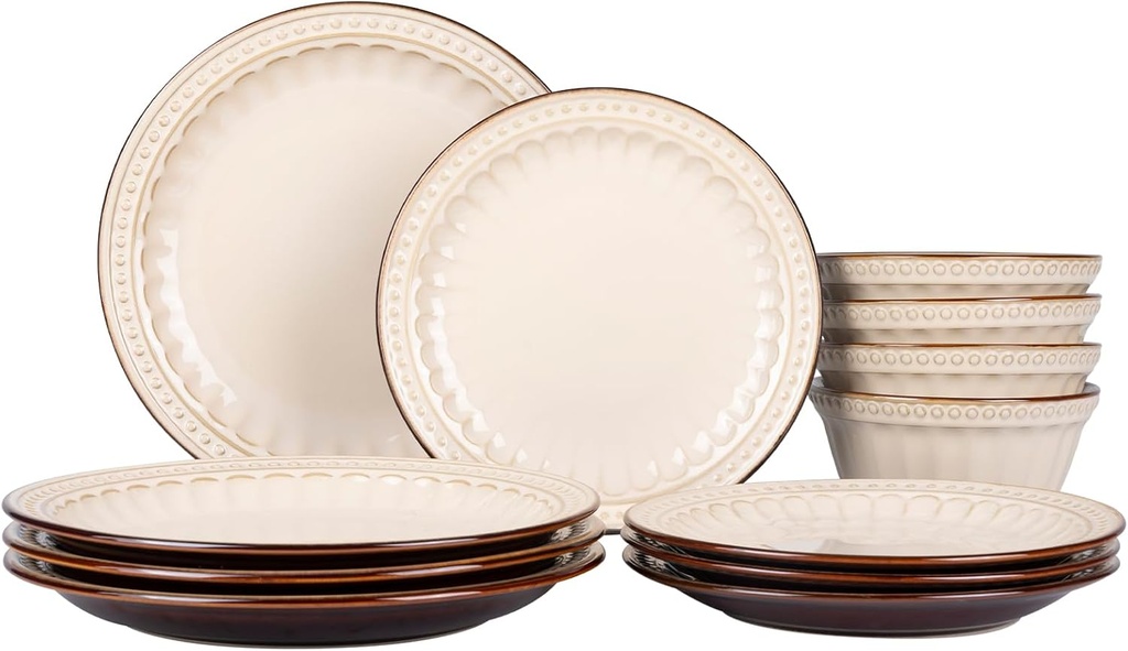 Dinnerware Set Cream White 12 Pieces Service for 4, Stoneware Plates and Bowls Set Stoneware Set, Dishwasher Microwave Safe Dishes set