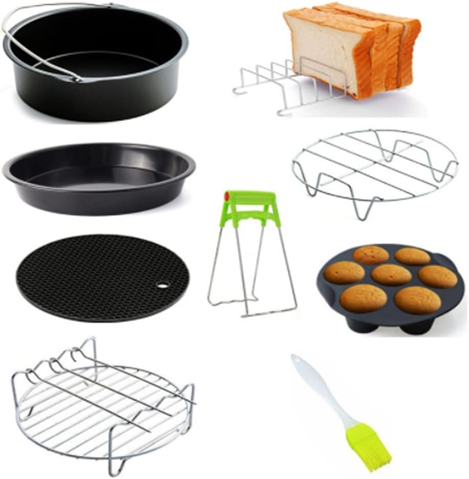 9 Pcs Non-stick Air Fryer Accessories Set, 6/7/8 Inches Pizza Tray Grill Toast Rack Steam Rack Insulation Pad for 3.2QT-5.8QT Air Fryer Accessories, Black (8 inch)