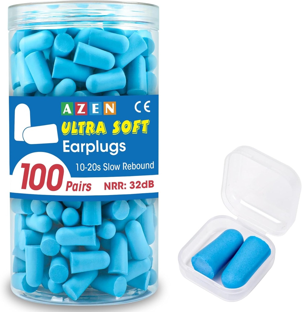 AZEN 100 Pairs Ear Plugs Bulk, NRR 32dB Soft Foam Ear Plugs for Sleeping Noise Cancelling, Earplugs for Concerts Shooting Swimming Noise Reduction (Lake Blue)