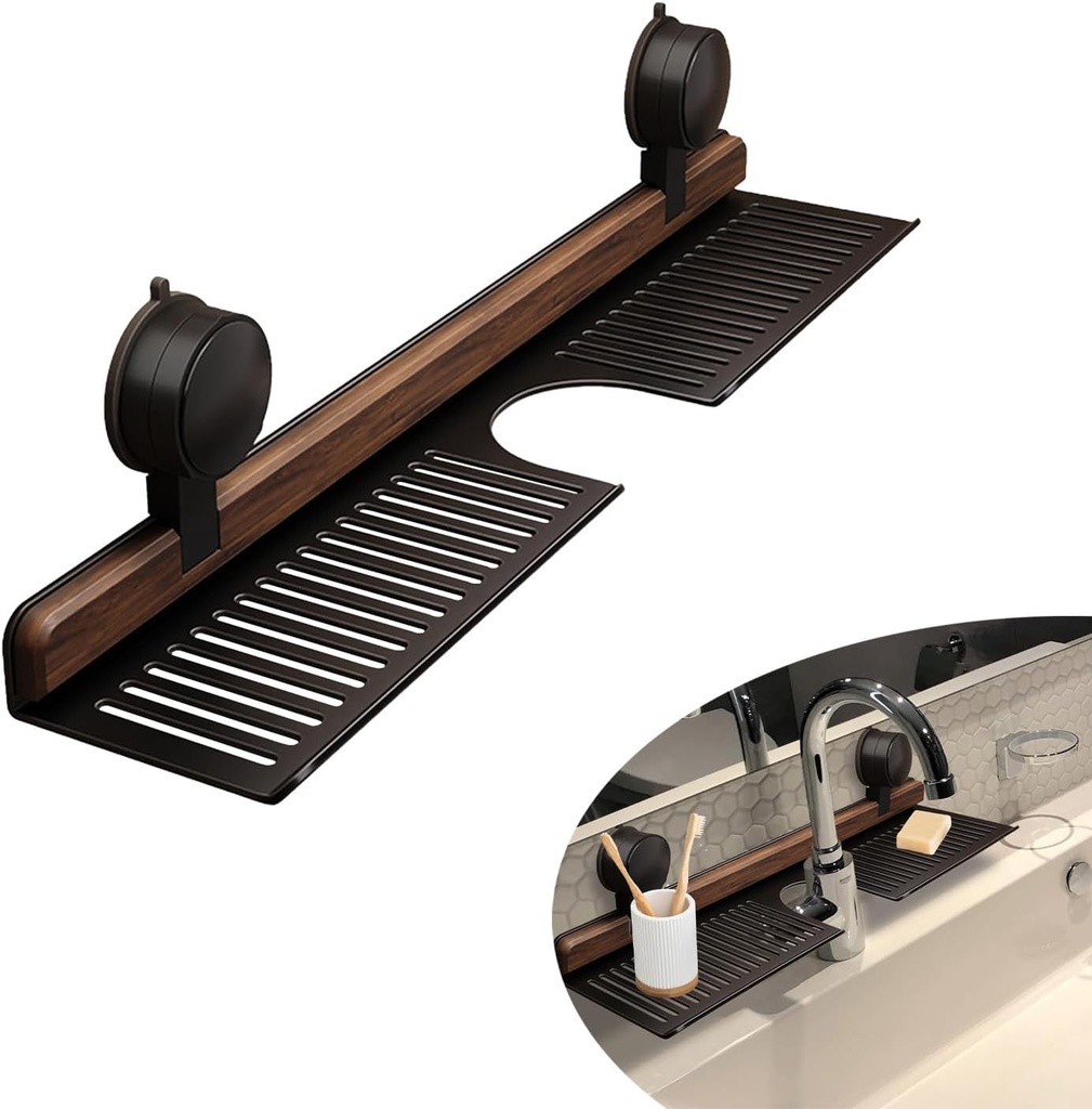 Walnut Bathroom Sink Shelf Over Faucet,2025 New No-Drill Shower Caddy Suction Cup with Strong Adhesion,Stable Over Sink Shower Rack for Easy Drainage,Wall Shelf for Bathroom,Kitchen (19.7IN/50CM)