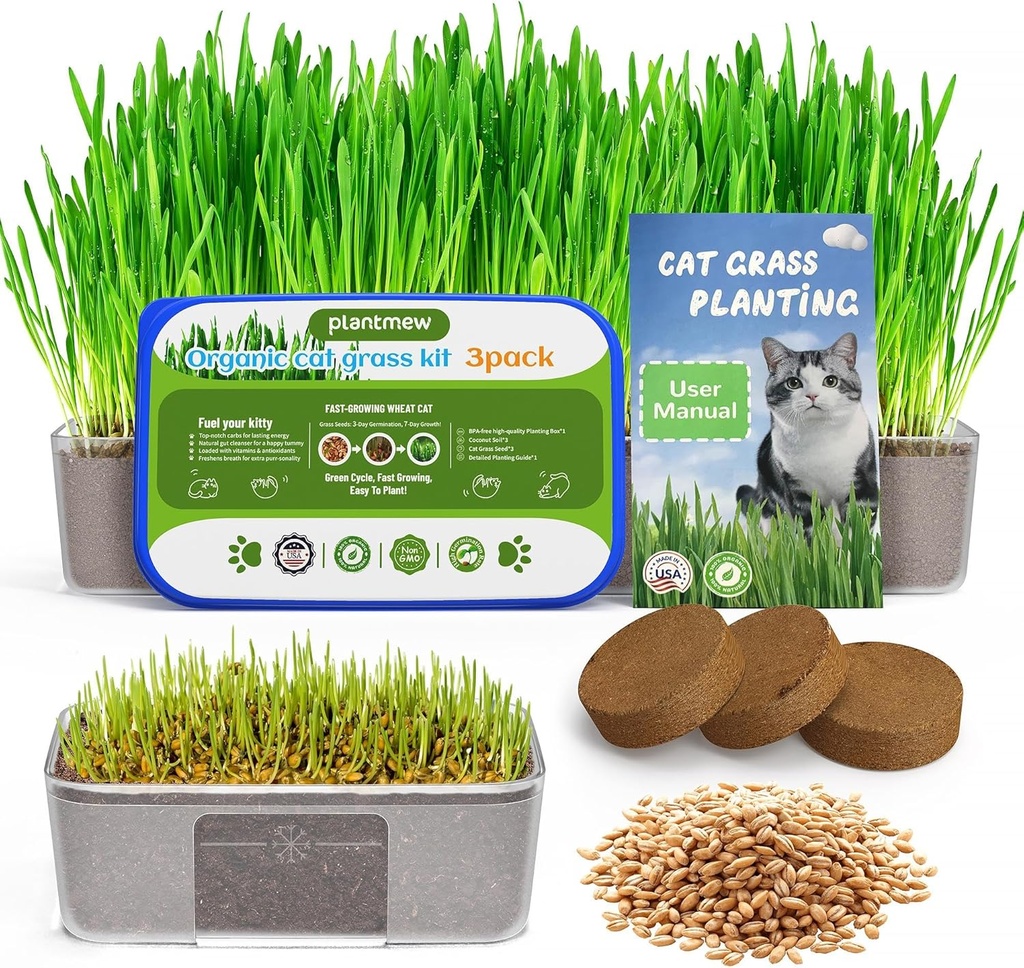 Cat Grass Kit for Indoor Cats - 3 Pack | Organic Wheat Grass Seeds, Grows in 7 Days | Digestive Health & Reduces Hairball | Gift for Cat Lovers with BPA-Free Planters, Soil & Non-GMO Seeds