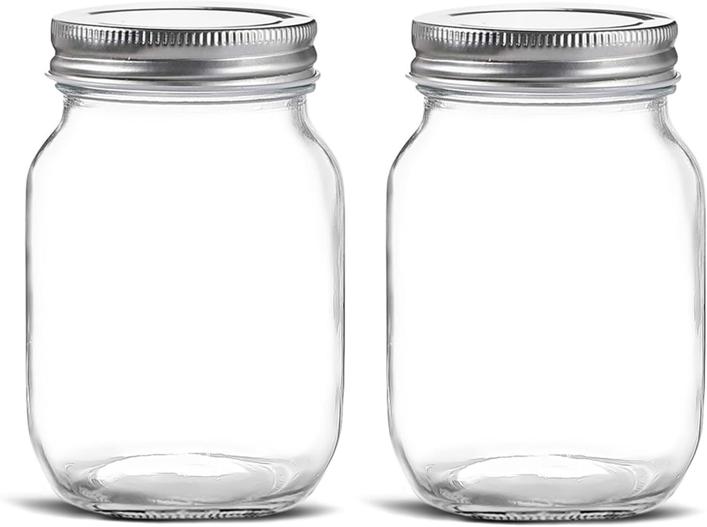 Glass Regular Mouth Mason Jars, 16 oz Clear Glass Jars with Silver Metal Lids for Sealing, Canning Jars for Food Storage, Overnight Oats, Dry Food, Snacks, Candies, DIY Projects (2 PACK)