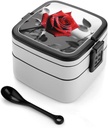 Black And White Red Rose Bento Box Adult Lunch Box All-in-One Lunch Containers with Removable Compartments Double Layer Bento Lunch Box with Spoon And Handle Stackable Lunchbox