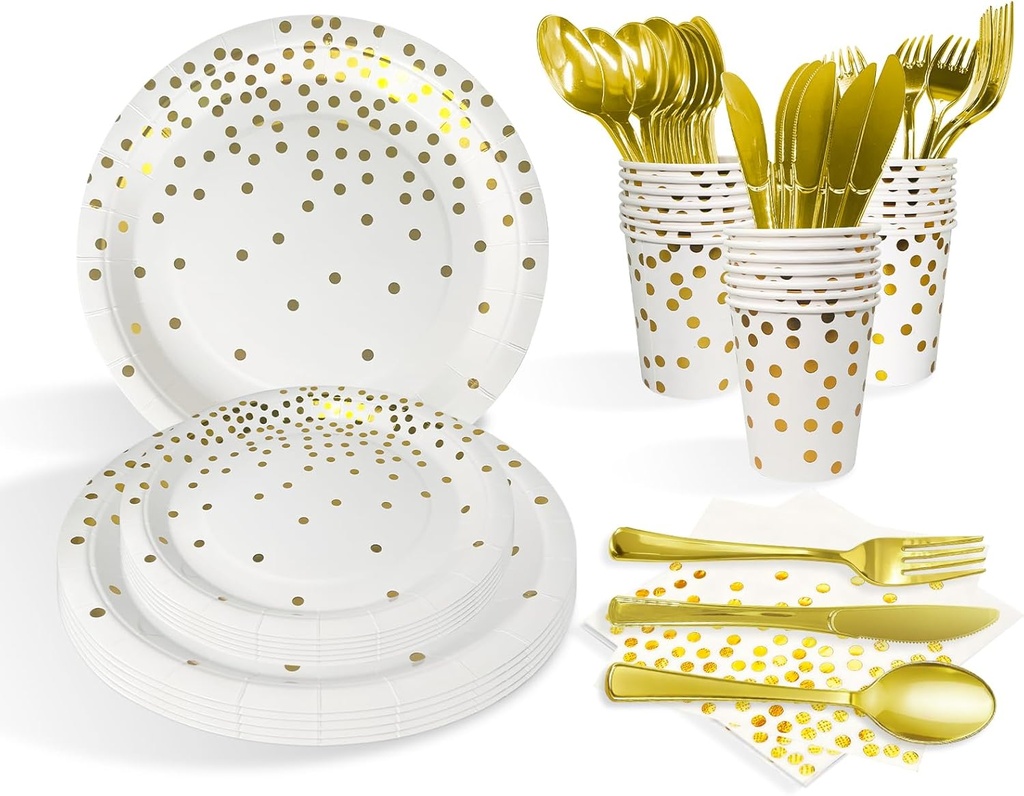 175 PCS Gold Dot and Donut Disposable Paper Plates Cups Napkins, Gold Plastic Knives Forks Spoons Serves 25 Guests Available for Wedding,Birthday and Party
