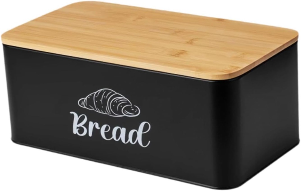 Bread Box Kitchenware Bread Bin with Bamboo Lid for Pantry Farmhouse Bakery Cookies Storage Container 12.99x7.28x5.39inch- Black