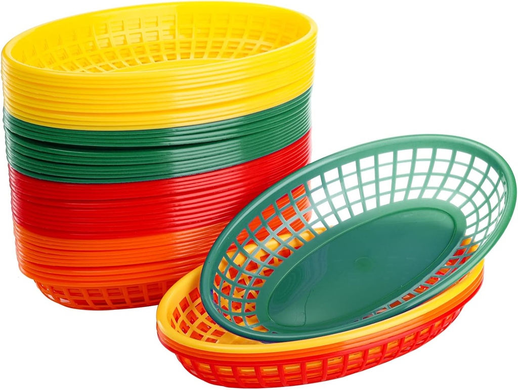 Kingrol 48 Pack Oval Fast Food Baskets for Parties, Carnivals, Fairs, and Picnic - Colorful Plastic Storage Basket Bins for Home, Office, School