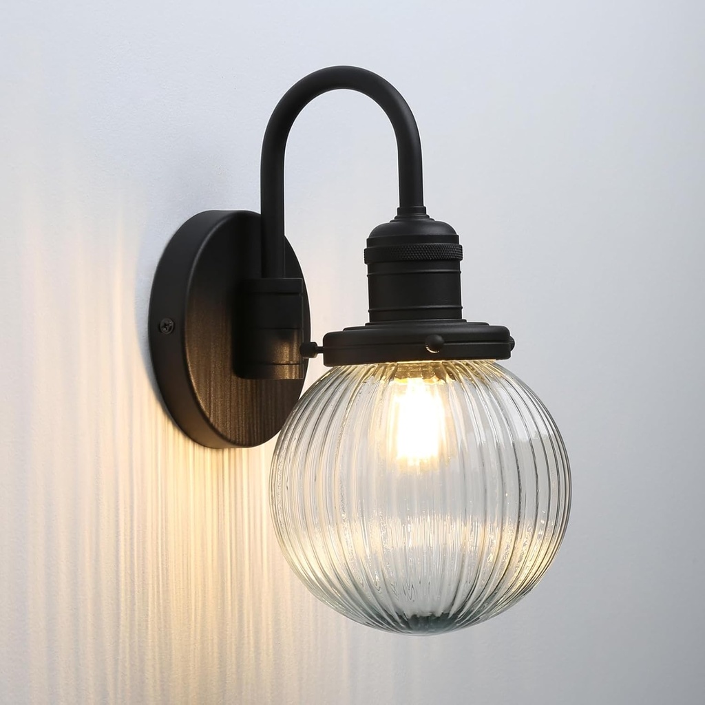 Industrial Vintage Gooseneck 1-Light Wall Sconce with 5.9" Round Ribbed Clear Glass Globe Lampshade Indoor Wall Mounted Lamp Fixture for Bedroom Living Room Bathroom Vanity