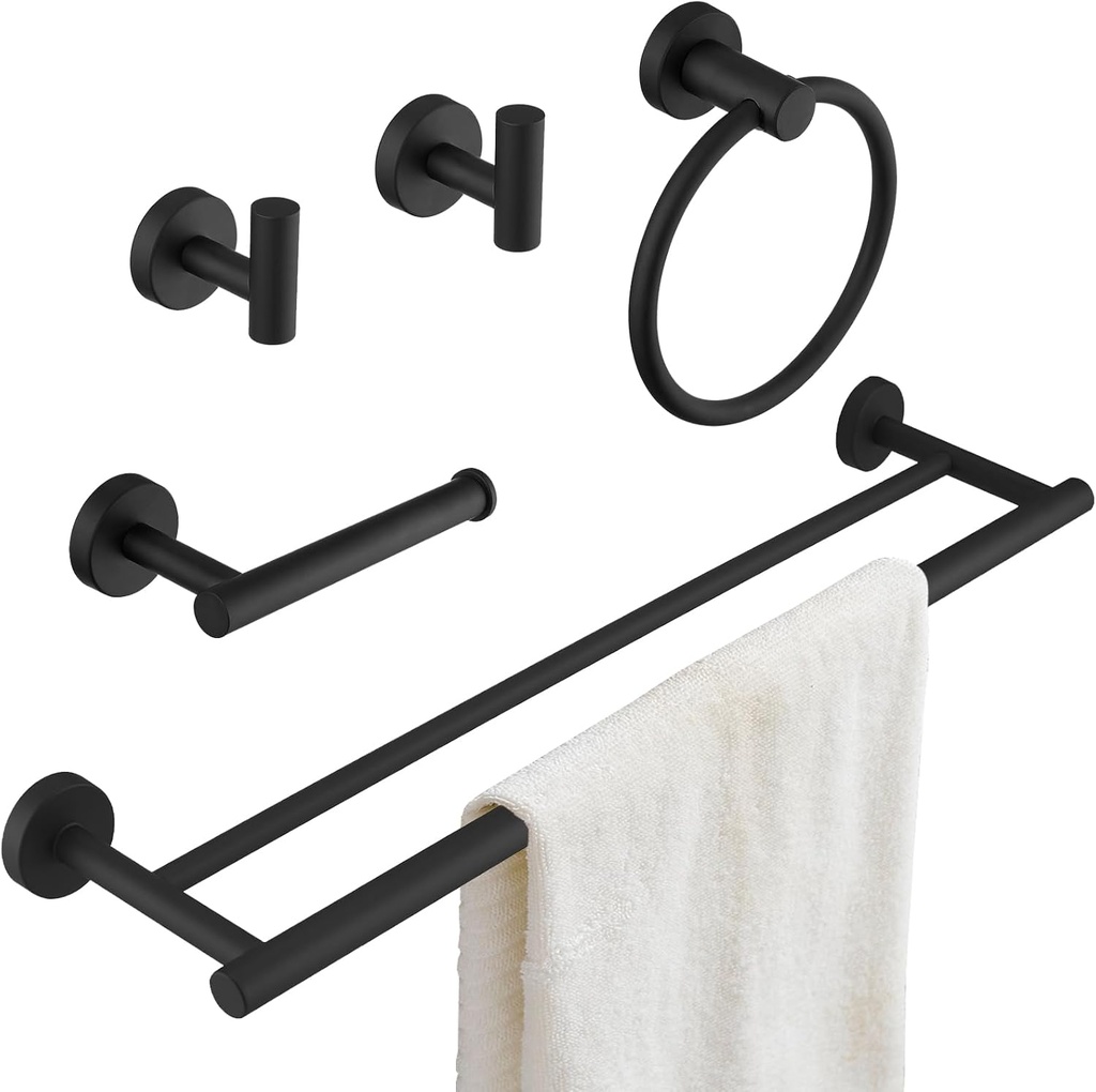 Bathroom Hardware Accessories Set 5 Pieces Matte Black 24" SUS 304 Stainless Steel Bath Double Towel Holder Bar Set Towel Rack Combination Wall Mounted for Kitchen, Laundry, Bedroom