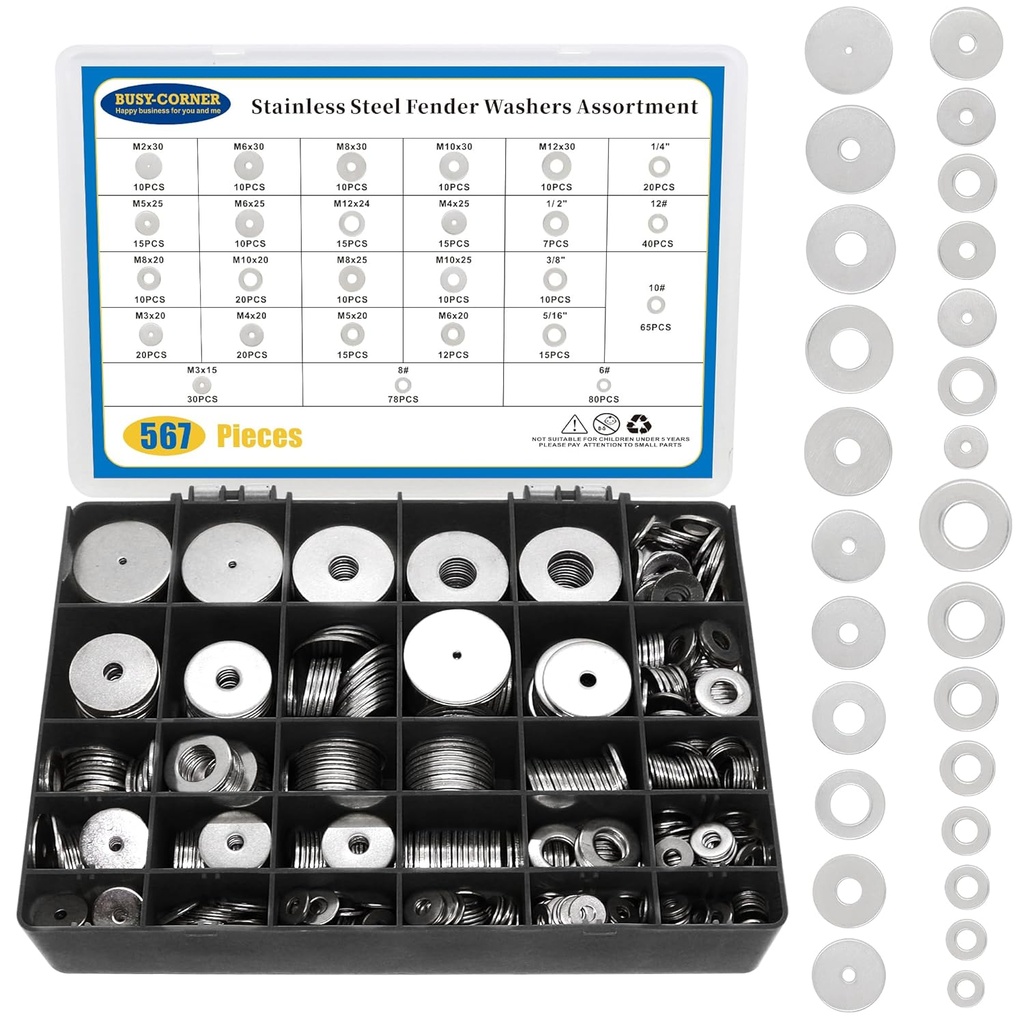 Fender Washers, 567PCS SAE& Metric 26 Sizes Flat Washers Assortment Set, 304 Stainless Steel Assorted Hardware Washers Kit for Bolts (M2 M3 M4 M5 M6 M8 M10 M12 6# 8# 10# 12# 1/4 5/16 3/8 1/2)