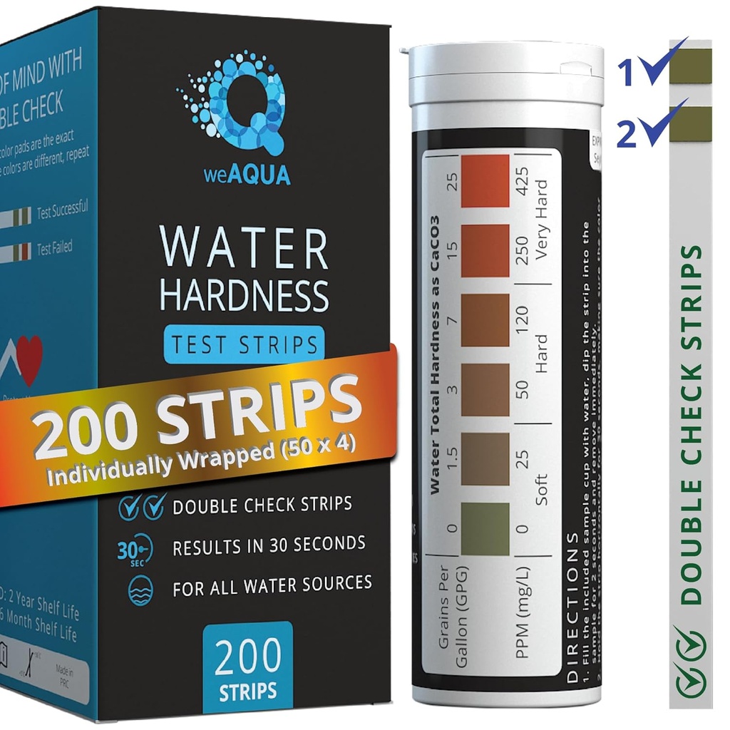 WeAQUA DoubleCheck Water Hardness Test Kit 200 Strips with Sample Cup - Hard Water Testing Strips (0-25 gpg / 0-425 ppm)