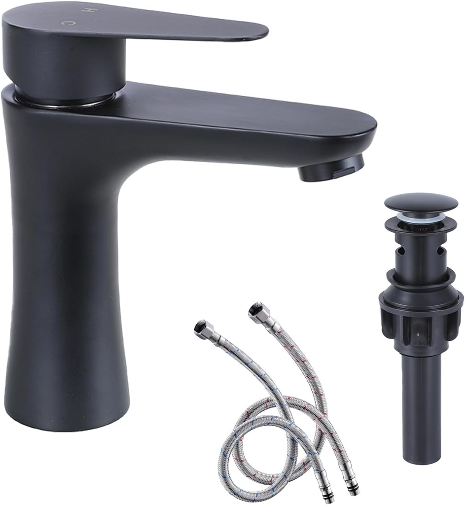 Vapsint Black Bathroom Faucet 1 Hole, Matte Black Single Handle Stainless Steel Bathroom Sink Faucet, Modern Vanity Faucets with Water Supply Hoses and Pop Up Drain