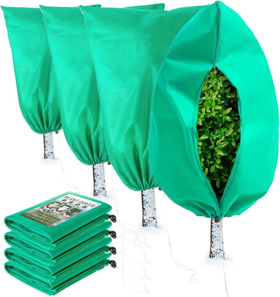 Homimp Plant Covers Freeze Protection, 4 Pack Frost Covers with Zipper Drawstring (31.5" x 47.3") Plant Protection Cover Bags for Outdoor Winter Frost Cold Weather Shrubs Trees Jacket Covers(Green)