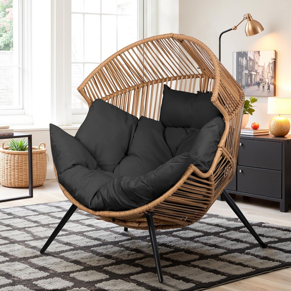 Vongrasig Wicker Egg Chair PE Rattan Chair with Cushion, Oversized Patio Lounge Chair for Outdoor, Indoor, Balcony, Backyard, Garden, Living Room, Bk