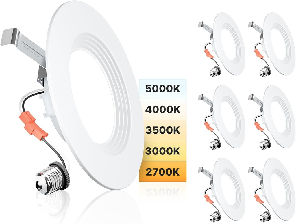 Ensenior 5/6 Inch 5CCT LED Can Lights 6 Pack, Retrofit Led Recessed Lighting, Baffle Trim, Dimmable, 9W=110W, 1000LM, 2700K/3000K/3500K/4000K/5000K Selectable, IC Rated - FCC Certified