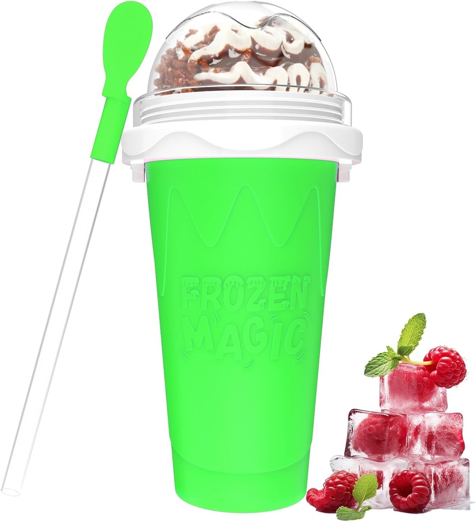 Slushie Maker Cup, DIY Magic Slushy Maker Squeeze Cups, Portable Smoothie Squeeze Cups for Juices, Milk and Ice Cream Make, Double Layer Squeeze Slushy Maker Cup, Birthday Gifts for Family (Green)