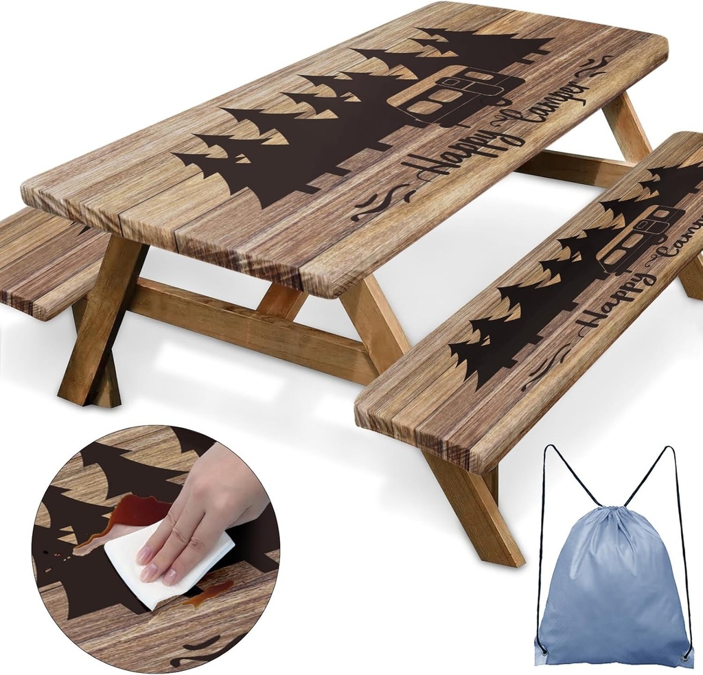 Picnic Table Cover with Bench Covers Elastic Edges, Wooden Camper Fitted Table Cover, Outdoor Patio Camping Essentials 72 Inch 3PCS, Waterproof Camping Fitted Tablecloth with Drawstring Bag